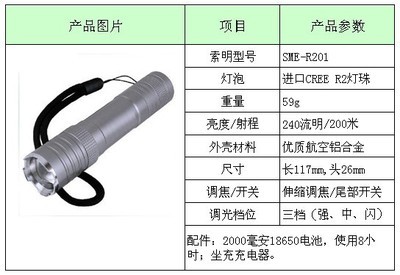 SME-R201索明强光手电筒 240流明CREE R2光源，200米射程可调焦